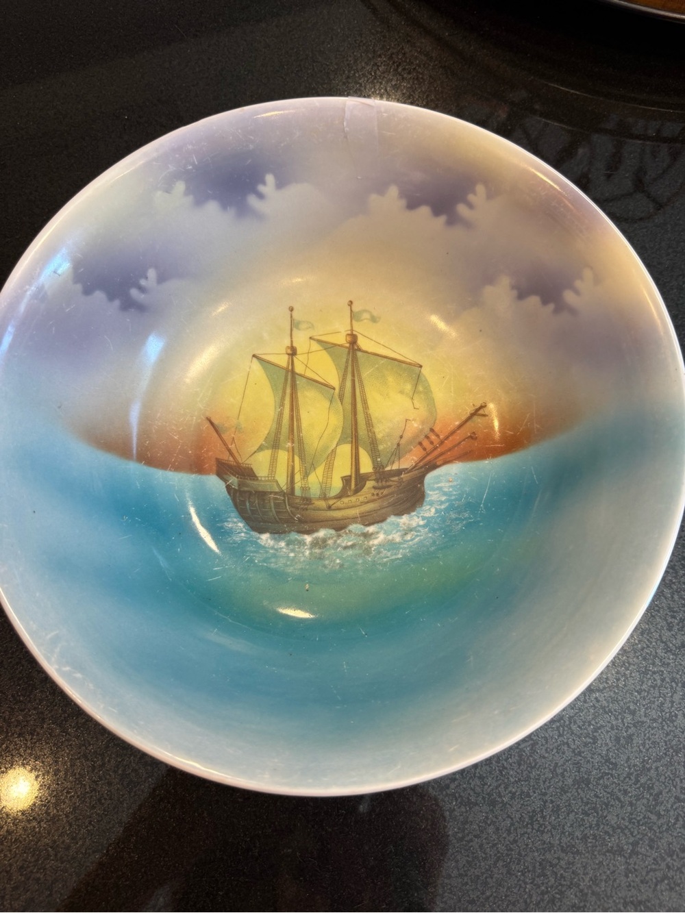 Hand-Painted Sailing Ship Decorative Bowl in Blue and Yellow